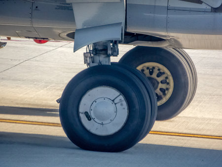 Aircraft landing gear and wheel on the runway of an airport.