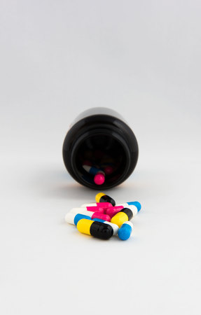 Capsules drug tablets in bottlesの写真素材