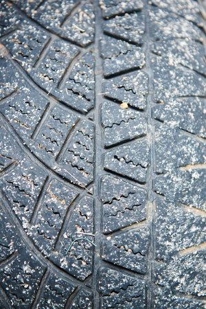 Tire marks, old and dirty black tyres tread pattern, for car, close-upの写真素材