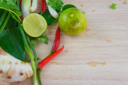 Combine soup, herbal Thai Food on the wooden floor. Tom Yumの写真素材