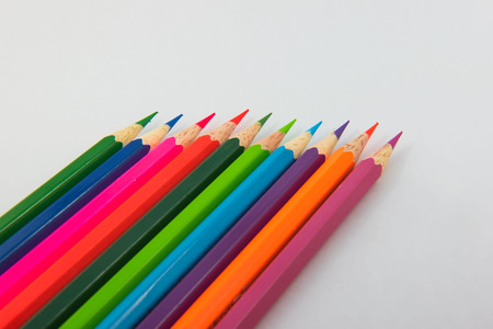 Colors pencils, colorful many crayons on white background.の写真素材
