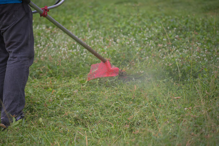 worker cutting grass lawn mower in green field.