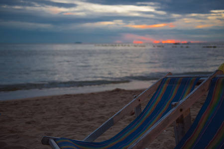 chairs with Beautiful sunset and sky of the sea, perfect sky and water.の写真素材
