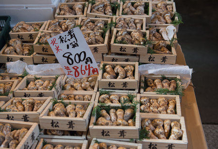 Group Mushrooms in wooden crates on the market, Tokyo, japanの写真素材