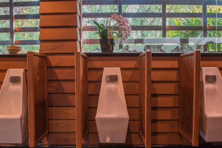 Modern men restroom with urinal row .の写真素材