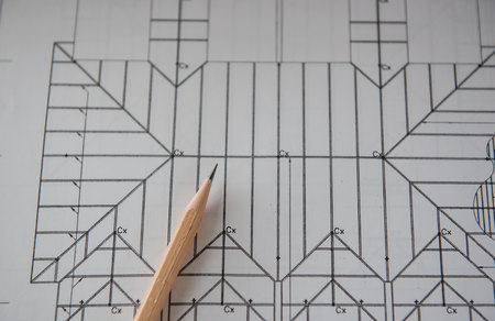 pencil on blueprints. Architectural and engineering housing concept.