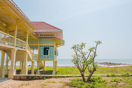 Summer Wood pavilion seaside on blue sky background.の写真素材