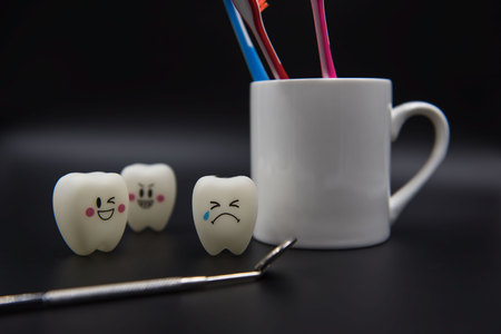 Model Cute toys teeth and glass on a black background.の写真素材