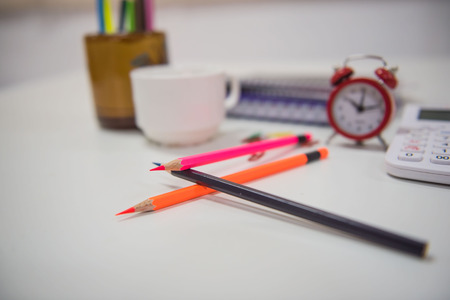 Back To School concept crayons on white table .の写真素材