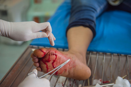 The wound stitched  in the foot by doctors in the hospital. Accidental wounds .の写真素材