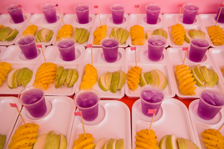 Fruit and cool drink in tray snack  for trainees .の写真素材