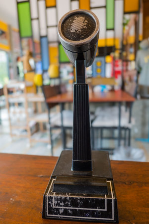 Close up vintage microphone at conference.の写真素材