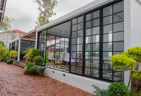 Modern metal White building made from shipping containers .の写真素材