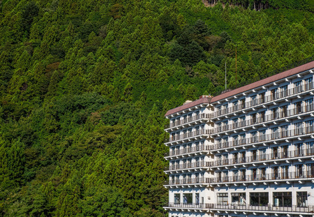 Modern pattern of High rise building trees and mountains Background .の写真素材