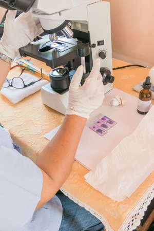 in Lab laboratory , Scientists are working on a microscope.
