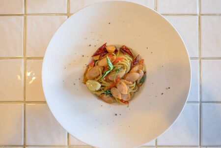 closeup Spaghetti on white plate  . Italian style food .の写真素材