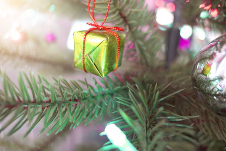 Christmas tree holiday decor, Closeup of a decorated Christmas tree  for background .