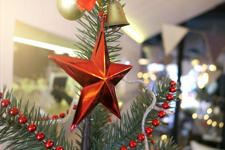 Christmas tree holiday decor, Closeup of a decorated Christmas tree  for background .