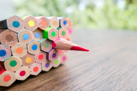 Closeup colorful color pencils on wooden tableの写真素材
