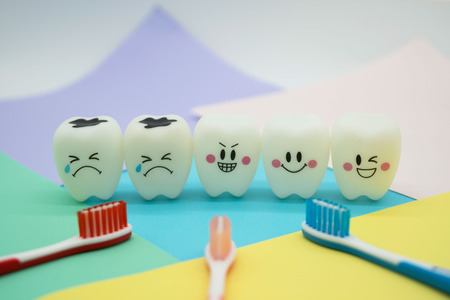 Model Cute toys teeth in dentistry on colorful pastel paper for background .