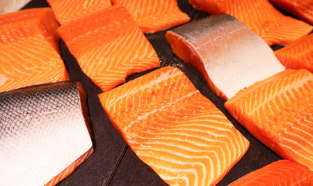 Close up pattern of Fresh redÂ  salmon fillet .