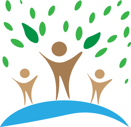 human and tree vector logo. Green planet. Environment natural products idea. Men, three persons, leaves.のイラスト素材