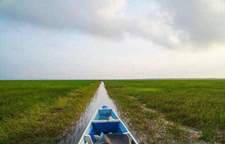 landscape ,boat on the river, summer day .Copy Space Area .の写真素材