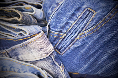 Denim blue jeans texture or denim blue jeans background . closeup view to abstract space of empty .の写真素材
