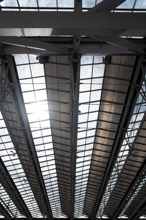 modern steel roof ,interior architecture of metalÂ of airport or industrial factory .
