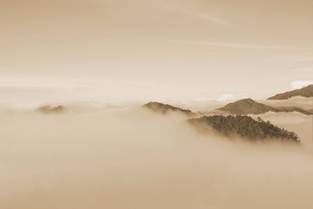 Sepia forest and mountains, landscape,Â fog and cloud mountain valley , Morning fog .の写真素材