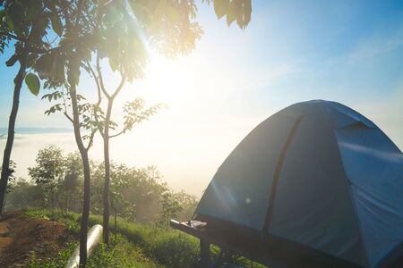 landscape,Â tourist tent in forest camp ,fog and cloud mountain valley , Morning fog .の写真素材