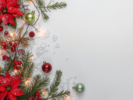 Christmas decoration with poinsettia, fir tree branches and snow on white backgroundの素材