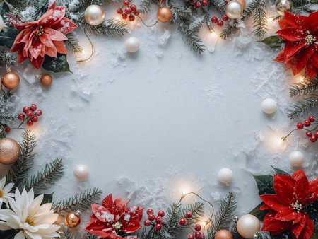 Christmas background with fir tree branches, poinsettia, snow and garland lights. Flat lay, top viewの素材