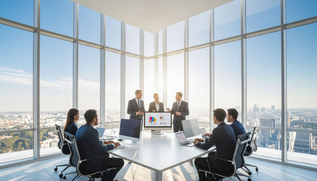 Business people in conference room with panoramic city view. Meeting and teamwork concept. 3D Renderingの素材