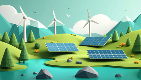 Solar panels and wind turbines in the field. Renewable energy conceptの素材