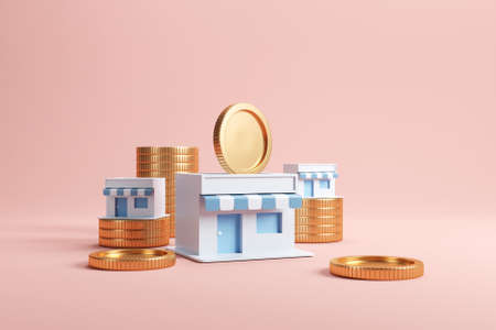 Coin in stores, Earning money with franchise business, 3d render.の写真素材