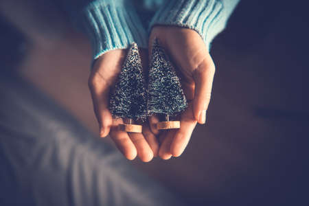 Close up woman hands holding Christmas tree, Christmas decorative ornament concept.の写真素材