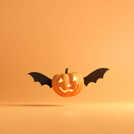 Halloween concept, Happy Pumpkin with wings flying on orange colors background, minimal style, 3d...