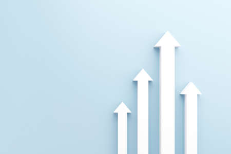 White arrow up to growth success, 3d render, progress way and forward achievement creative concept.