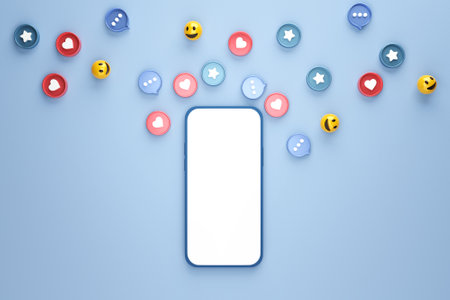 Blank mobile phone with social network Icons, abstract trendy design for social media advertising....