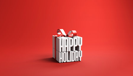Happy holidays in gift box wrapped with ribbon on red background, idea and creative, copy space. 3d render.の写真素材