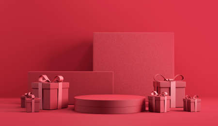 Minimal abstract product background for Valentine and Christmas, Podium with red gift box on red background. 3d render. stage for product design.の写真素材