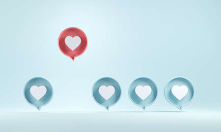 One red social media notification love heart icon pop up from others on blue background, Different creative idea concepts, 3D rendering.の写真素材