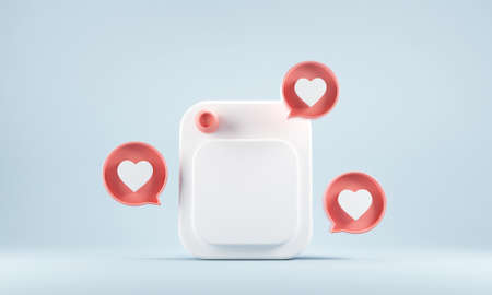 Photo frame with love like button on blue background, 3d illustration. Social media marketing...