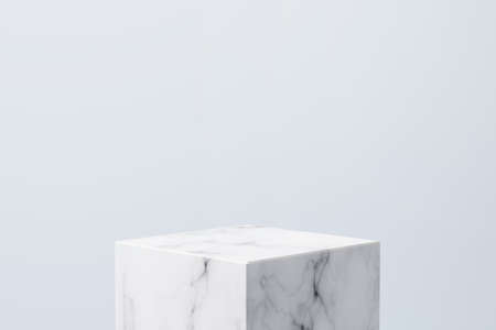 Empty white marble podium on pastel blue color background, Product Stand. 3D Renderingの写真素材
