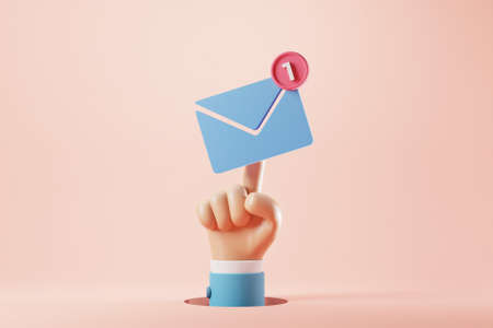 Hand of businessman pressing an new email notification icon with one e-mail message. minimal design. 3d renderingの写真素材