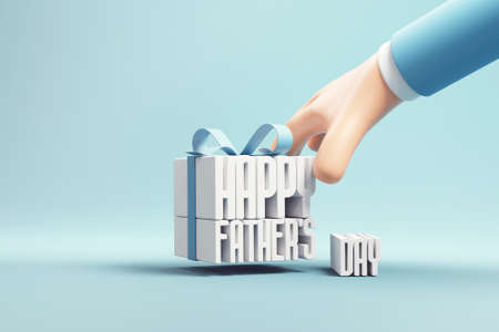 Hand holding Happy father`s day in gift box wrapped with ribbon on blue background, idea and...