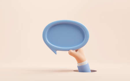 Cartoon character businessman hand holding bubble talk notification isolated over blue background. 3d render illustration.の写真素材