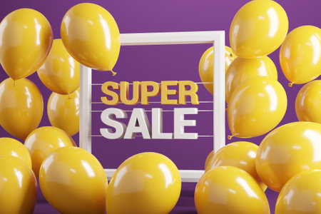 Super sale with balloon. Price discount promotion poster
