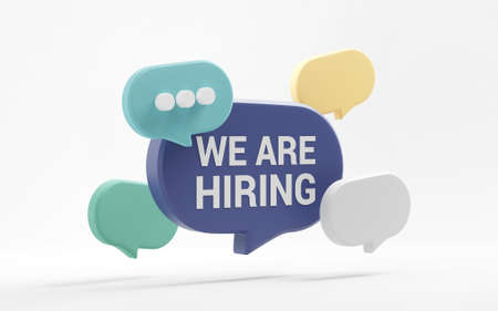 We're Hiring text on speech bubble on white background, Hiring recruitment open vacancy design info label template, 3d render.の写真素材
